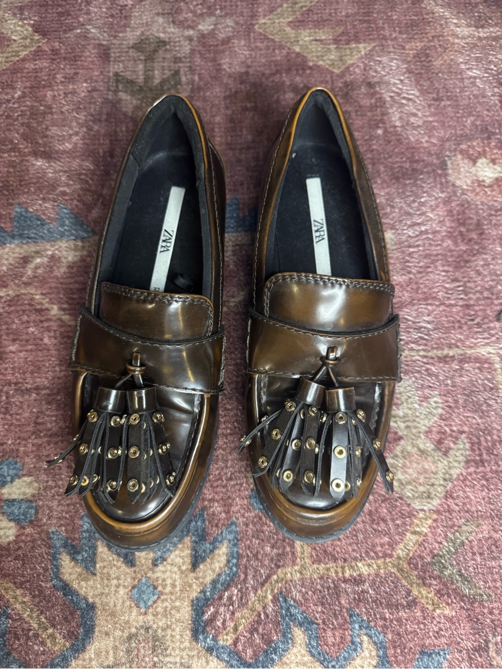 ZARA Brown Leather Tassel Loafers with Stud Detail